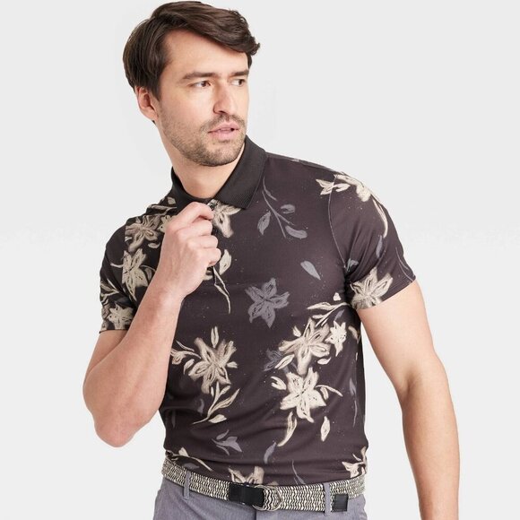 Medium - Mens Floral Print Textured Polo Shirt - All In Motion - Black - Picture 3 of 6